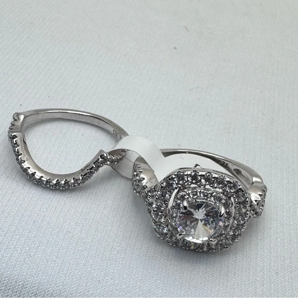 925 Sterling Silver Diamond Engagement Bridal Wedding 2 Band Ring Set Sz 5‎